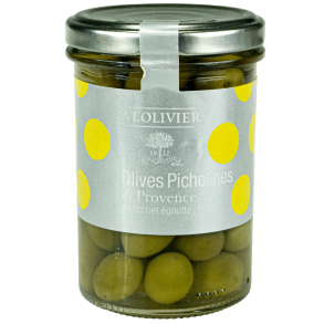 Gr�nne Picholine oliven fra Provence i glas med 115 g dr�net v�gt